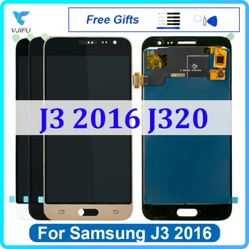 Ekrano LCD ekranas Samsung J3 2016 J320 SM-J320F J320G jutiklinio ekrano skaitmeninimo priemonės mazgo keitimas nemokamais atsuktuvais ir klijais