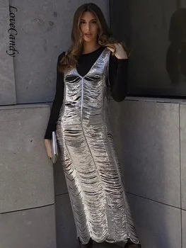 Elegantiška sidabrinė blizganti midi suknelė moterims Fashion Slim Fit Off Pečių chalatai 2023 Moteriškos žiemos evenningo vakarėlio ponios suknelės
