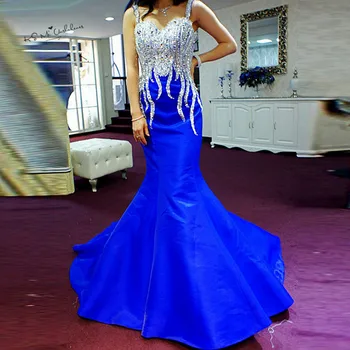 Elegantiški karališki mėlyni oficialūs vakariniai chalatai Sidabriniai kristalai Seksuali undinėlė Ilgos prom suknelės 2018 Moterys Pageant suknelė Vestidos Baile