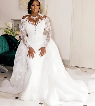 Elegantiškos baltos undinės vestuvinės suknelės Nuotakos suknelės plius dydžio nėriniai aplikacijos ilgomis rankovėmis Boho Country Vestidos De Novia
