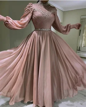 Elegantiškos rožinės perlų karoliukai aukšto kaklo musulmoniškos prom suknelės ilgomis rankovėmis plisuotos A-linijos vakarinės suknelės moterims فساتين السهرة