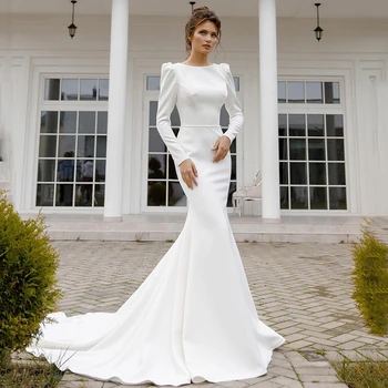 Elegantiškos undinės vestuvinės suknelės ilgomis rankovėmis O-Neck Satin Bridal Dress White Customize To Meaure Robe De Mariee Stunning