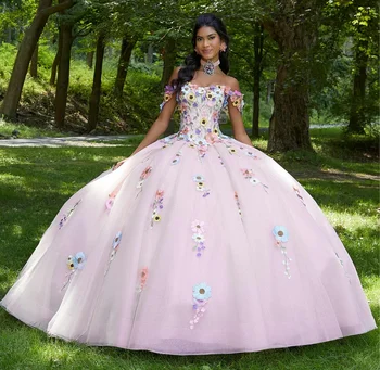 EVLAST Princess Pink Mint Lilac Quinceanera suknelė Ball Gown 3D Flora Flowers Appliques Corset Sweet 16 Vestido De 15 Anos TQD074