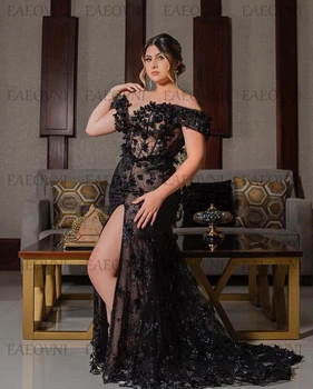 Fairy Black Lace Prom Gown Sweetheart Neck Off Shouledr Oversizes A-line High Slit Evening Dresses فساتين مناسبة رسمية