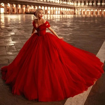 Fairy Red Ball Gown Wedding Dress Off The Shoulder Pluffy Tulle Long Bridal Gowns Beaded Vintage Corset Lace-up Bride Dresses