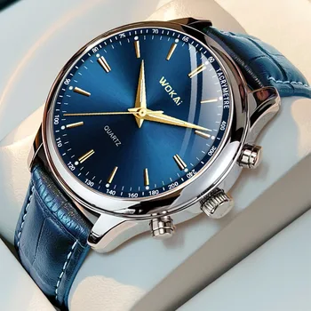 Fashion Brand Wokai Watch Men Blue Sport Watches Casual Leather Band Quartz rankiniai laikrodžiai Vyrai Geriausios dovanos Žema kaina Montre Homme
