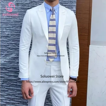 Fashion Casual Slim Fit Suits For Men Business 2 Piece Jacket Pants Set Office Blazer Formal Grooms Wedding Peaked Laple Tuxedos
