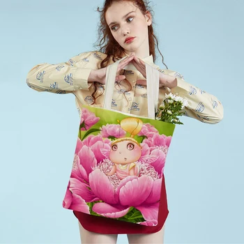Fashion Cute Cartoon Flower Girl Children Schoolbag Tote rankinė Lady Casual Abi pusės Print Canvas Moterų pirkinių krepšys