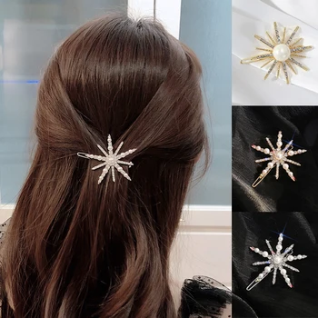 Fashion Snowflake Rhinestone Pearl Hairpins For Women Bling Crystal Hair Accessories Barrettes Hair Clip Crystal Wedding Jewelry