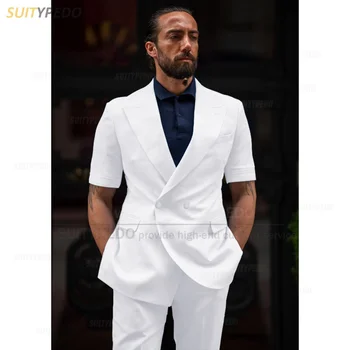 Fashion White vyriškų kostiumų komplektai Casual Party Blazer Kelnės 2 Vestuvės Siuvėjas Slim Fit Elegantiškas švarkas trumpomis rankovėmis Smokingas