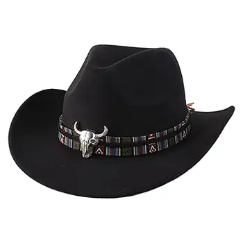Felt Cowboy Hat Bat Band Vintage Windproof Western for Winter Outdoor Adults Wide Brim Western Cowboy Hat Wind Lanyard Sequins