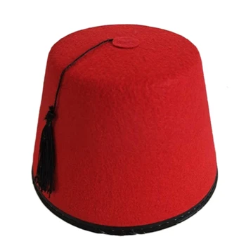 Felt Moroccan Red Fez Hat Turkish Hat for Men with Black Kuts Tarboosh Hat Fez Egyptian Fez Cap Kostiumo kepurė