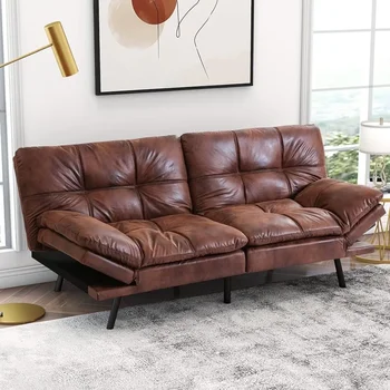 Futon sofa-lova 71 colio 3 vietų moderni dirbtinės odos sofa, kabrioletas miegamasis su reguliuojamais porankiais studijai, mid-brown