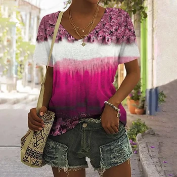Gaivūs vasaros mados moteriški drabužiai Gražūs augalų gėlių rašto marškinėliai 3D spausdintas V formos kaklas Sportinis laisvalaikis trumpomis rankovėmis