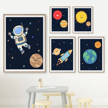 galaktika Saulė Žemė Veneros raketa Astronautas Sienų menas Drobė Tapyba Šiaurės šalių plakatas ir atspaudai Sieniniai paveikslėliai Vaikai Kawaii kambario dekoras