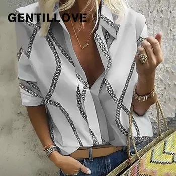 Gentillove Elegantiška grandinėlė ilgomis rankovėmis Print Palaidinė Laisvalaikio atverčiama apykaklė Darbas Viršugalviai Biuro moteriški marškiniai Oversized Tunika