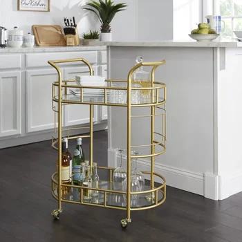 Geresni namai ir sodai Fitzgerald baro krepšelis su matine aukso metalo apdaila, 2 pakopų riedėjimo vežimėlis virtuvės salos stalas
