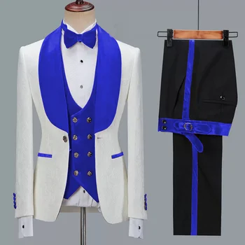 Geriausiai parduodamas patchwork Žakardo smokingo rinkinys Šeimininkas Vestuvių drabužiai Trijų dalių kostiumai vyrams Karališkas mėlynas verslo palto kelnių kostiumas