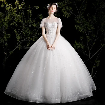 Glitter Ball Gown Organza Appliques Wedding Dress for Women New O Neck Short Sleeves Bridal Gowns Vestidos De Novia Customize