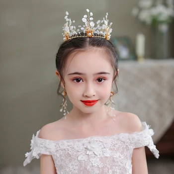 Gold Elegent Princess Children Tiaras And Crowns Handmade Pearl Crystal Diadems For Kids Birthday Party Wedding Hair Ornaments