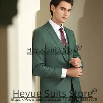 Groom Oficialūs vestuviniai smokingai Elegantiški žali aukščiausios klasės ploni fit 3 PCS rinkiniai Custom Peak Lapel Business Male Blazer trajes de hombre
