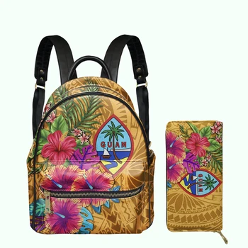 Guam Tropical Plumeria and Hibiscus Design 2Pcs/Set Kuprinė moterims Mini kasdienis krepšys su sankabos pinigine Mergaitės mažas mokyklinis krepšys