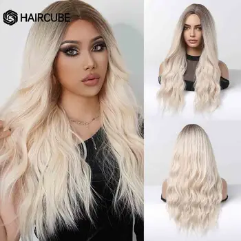 HAIRCUBE Brown White Ombre Sintetiniai perukai Ilgi banguoti šviesūs plaukų perukai moterims Vidurinė dalis Dienos karščiui atsparūs perukai