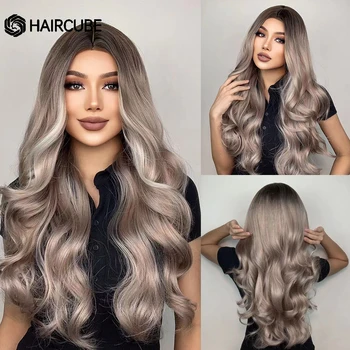 HAIRCUBE Ombre Brown to Blonde Synthetic Wigs Ilgi banguoti plaukų perukai juodaodėms moterims Vidurinė dalis Daily Cospaly Natural Wave Wigs