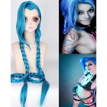 HAIRJOY Cosplay Lol Jinx 100cm ilgio mėlyna su dvigubomis pynėmis Helovino anime kostiumo perukas karščiui atsparūs sintetiniai plaukai