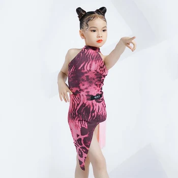 Halter Latin Dance Dress Girls Pink Leopard Samba Dancing Clothes Practice Wear ChaCha Dancer Performance Kostiumas DL10568
