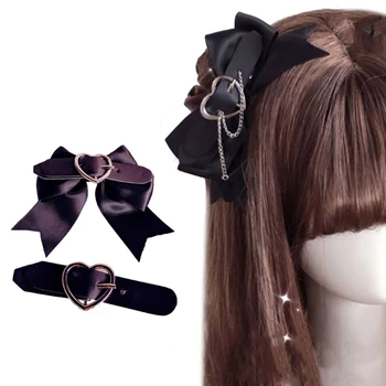 Harajuku Bowknot plaukų segtukas su grandine moterims mergaitėms Gotikinis žavesys Plaukų klipas Estetika Helovino plaukų aksesuarai