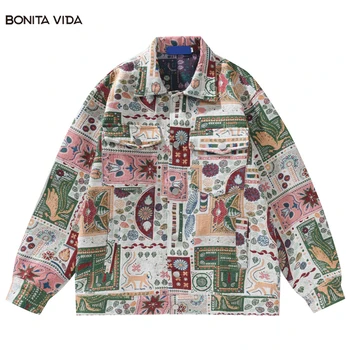 Harajuku storų marškinių švarkai Gatvės apranga Retro gėlių grafinis margumas Marškiniai ilgomis rankovėmis Paltas 2023 Fashion Loose Buttons Paltai