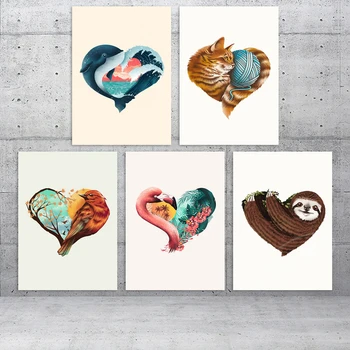 HD Prints Banginių meilės namų dekoras Širdies mezgimas Kačiukas Tapyba Paukščių plakatas Siena Meno knygos Drobė Vilko paveikslėliai Svetainei