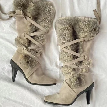 Hot Chick Pliušiniai batai Smaigalys Aukštakulniai Priekiniai kryžminiai dirželiai Žiemos mados Coo mergina Šilti bateliai Kvadratiniai kojų laisvalaikio sniego batai