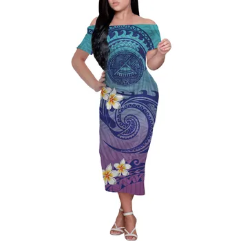 HYCOOL didmeninė prekyba pasirinktiniu logotipu Polinezijos mėlyna suknelė Moterų tatuiruotė Spausdinti Genčių Samoa suknelė Nuo peties Bodycon laisvalaikio suknelė