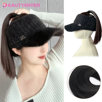 Ilga sintetinė skrybėlė su plaukų perukais moterims Tiesūs plaukai Sintetinis perukas Šiltas aksominis anties liežuvio dangtelis su ponytail peruku