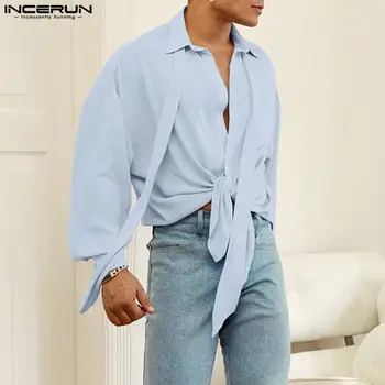 INCERUN Tops 2023 Amerikietiško stiliaus nauji vyriški mados kaspino dizaino marškiniai Casual Street Solid All-match Palaidinė laisvomis rankovėmis S-5XL