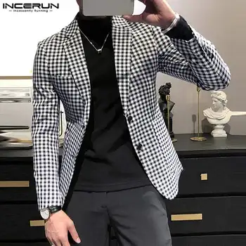 INCERUN Tops 2023 Korėjietiško stiliaus vyriškos languotos tekstūros modelio dizaino kostiumo paltai Casual Street Hot Sale Blazer ilgomis rankovėmis S-5XL