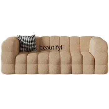 Individualizuota sofa Svetainė Mažas butas Lambswool Lengvas prabangus paprastas modernus kreminis stilius Dvivietė trijų vietų tiesios eilės sofa