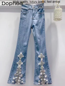 Industry Beads Heavy Flower Split Džinsai moteriškoms kelnėms 2023 Vasaros ruduo Naujos aukštos juosmens elastinės plonos gludinimo džinsinės kelnės