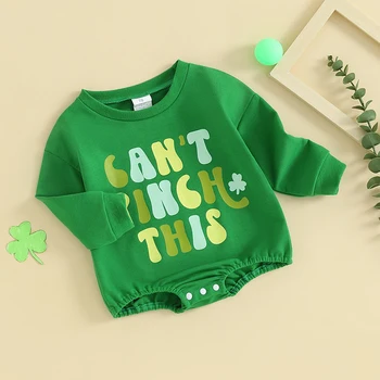 Infant Baby Irish Festivals Jumpsuit Shamrock Letter Print Round Neck Long Sleeve Sweat Romper