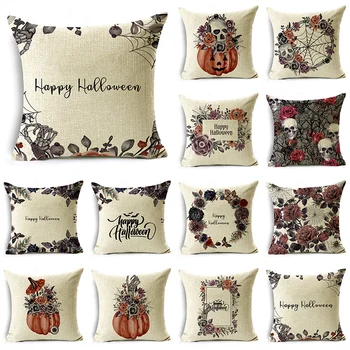 Ins Fashion Halloween Pumpkin Flower Rose Skull Square Lino metimo pagalvės užvalkalas Dekoratyvinis pagalvėlės užvalkalas Sofos svetainės vakarėliui