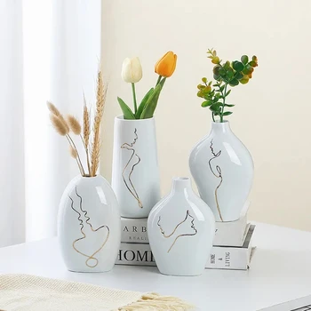 Ins Šiuolaikinė minimalistinė keraminė vaza Abstrakti Kūrybinė Auksu dažyta Matinė vaza Namų džiovintų gėlių kompozicija Meno kūriniai Namų dekoras