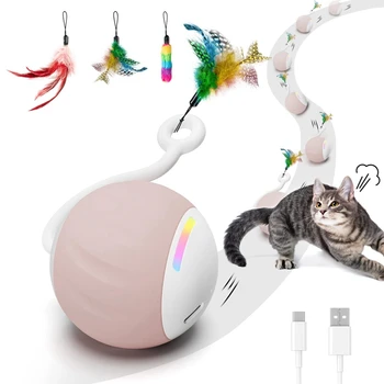 Interaktyvus kačių žaislinis kamuolys su LED vaivorykštės lemputėmis, plunksnomis, jutikliniu valdymu ir garso valdymu Paprasta naudoti