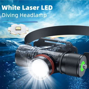IPX8 LED nardymo priekinis žibintas Whiter lazerinis LED povandeninis priekinis žibintas 18650 Baterija nardymo galvos žibintas lauko apšvietimui, stovyklavimui, žygiams pėsčiomis