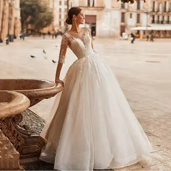 Išskirtinės tiulio nėrinių vestuvinės suknelės A-Line Sweetheart Neck Nuotakos chalatai Taisyklingos pusės rankovės Elegantiška suknelė Vestidos De Novia