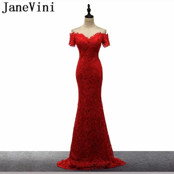 JaneVini 2019 Vintažinės raudonos nėrinių ilgos pamergių suknelės Mielaširdingos trumpomis rankovėmis Mygtukas Atgal Undinėlė Prom vakarėlių chalatai Šlavimo traukinys