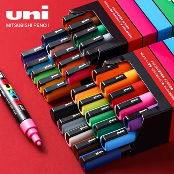Japan UNI POSCA Marker Pen Stackable Color Graffiti Draw Reklaminis rašiklis PC-1M/3M/5M 21/24 Spalvų rinkinys Meno reikmenų priedai