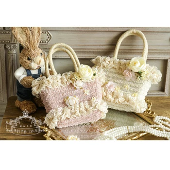 Japoniško stiliaus Lolitos nėrinių gėlių rankinė Mielos merginos Cosplay HandBasket Kūrybinis pastoracinis rankų darbo austas krepšys