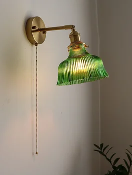 japoniško stiliaus retro žalvario stiklo sieninis šviestuvas miegamasis naktinis šviestuvas vonios kambario fonas sieniniai traukimo jungikliai lempos